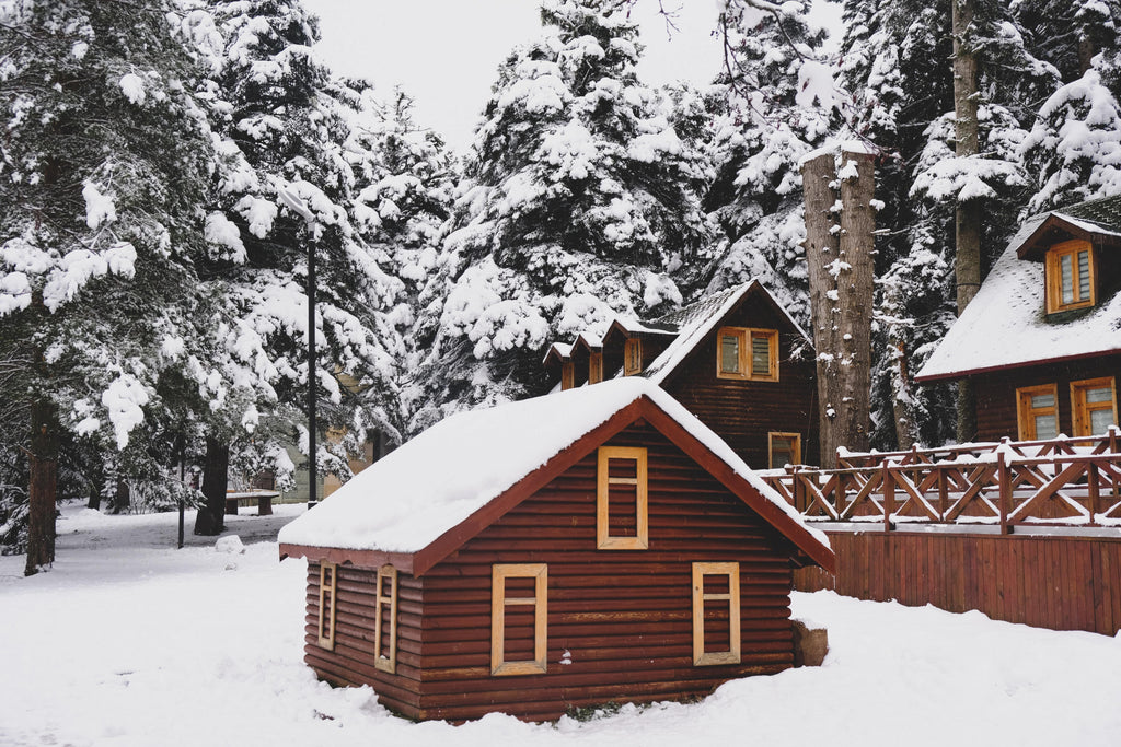 Red wooden cabins covered in snow.