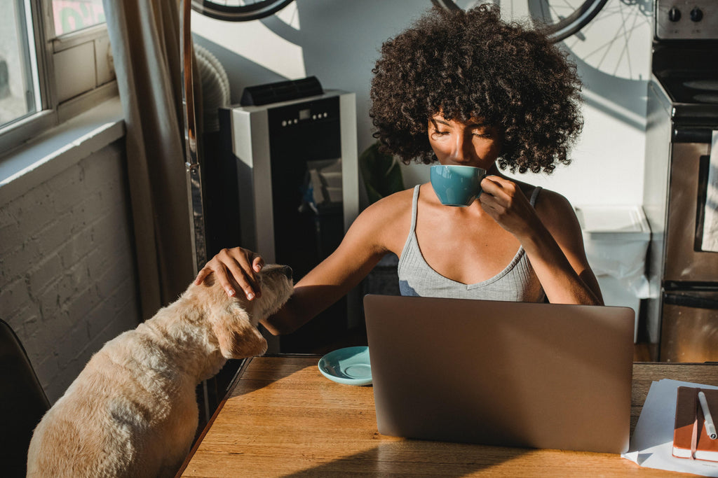 Young woman drinks coffee by her computer while petting her dog. 