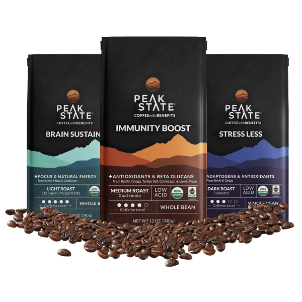 Premium mix of Peak State's clean mushroom coffee.