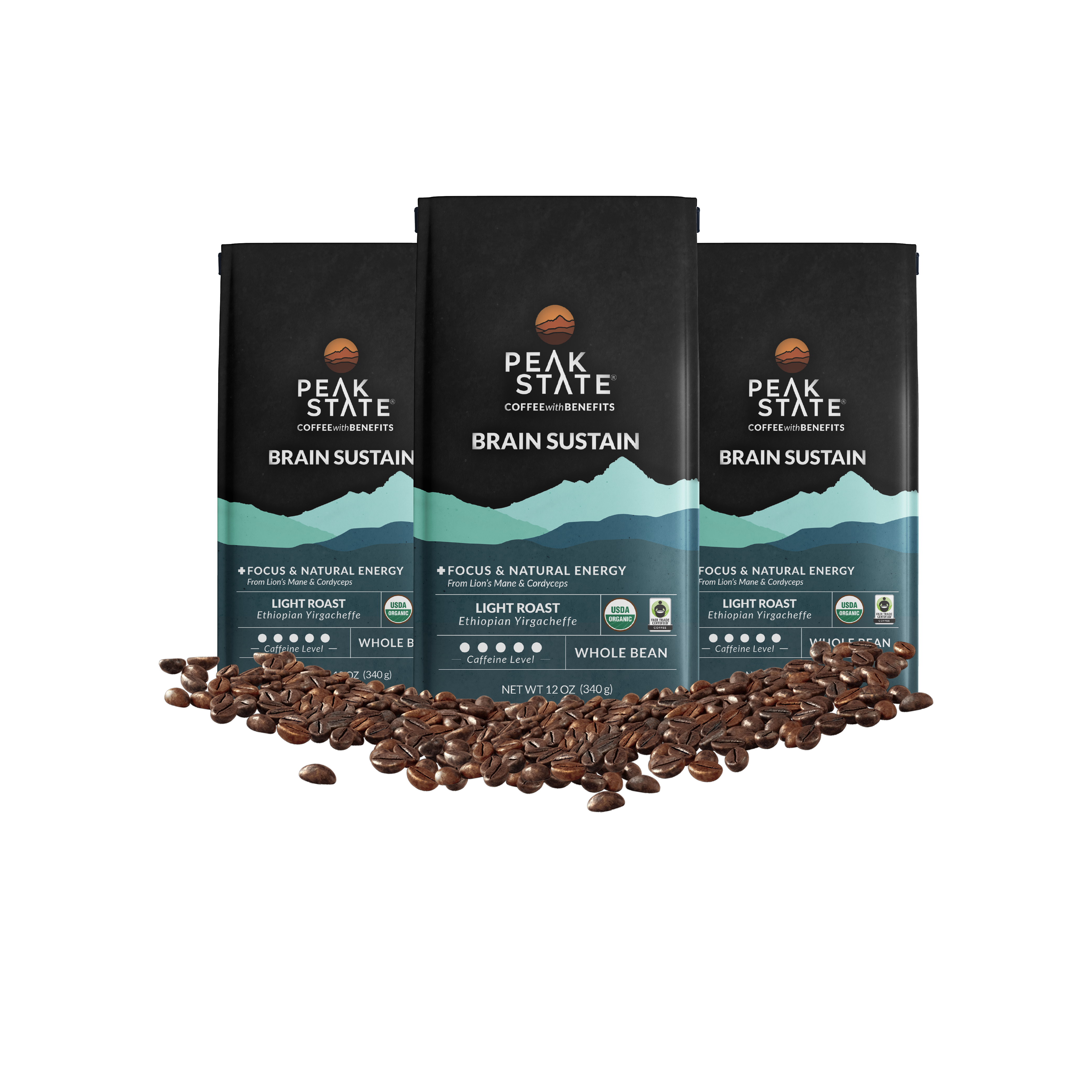 Peak State's Brain Sustain coffee blend, 3x 12 oz bags. 