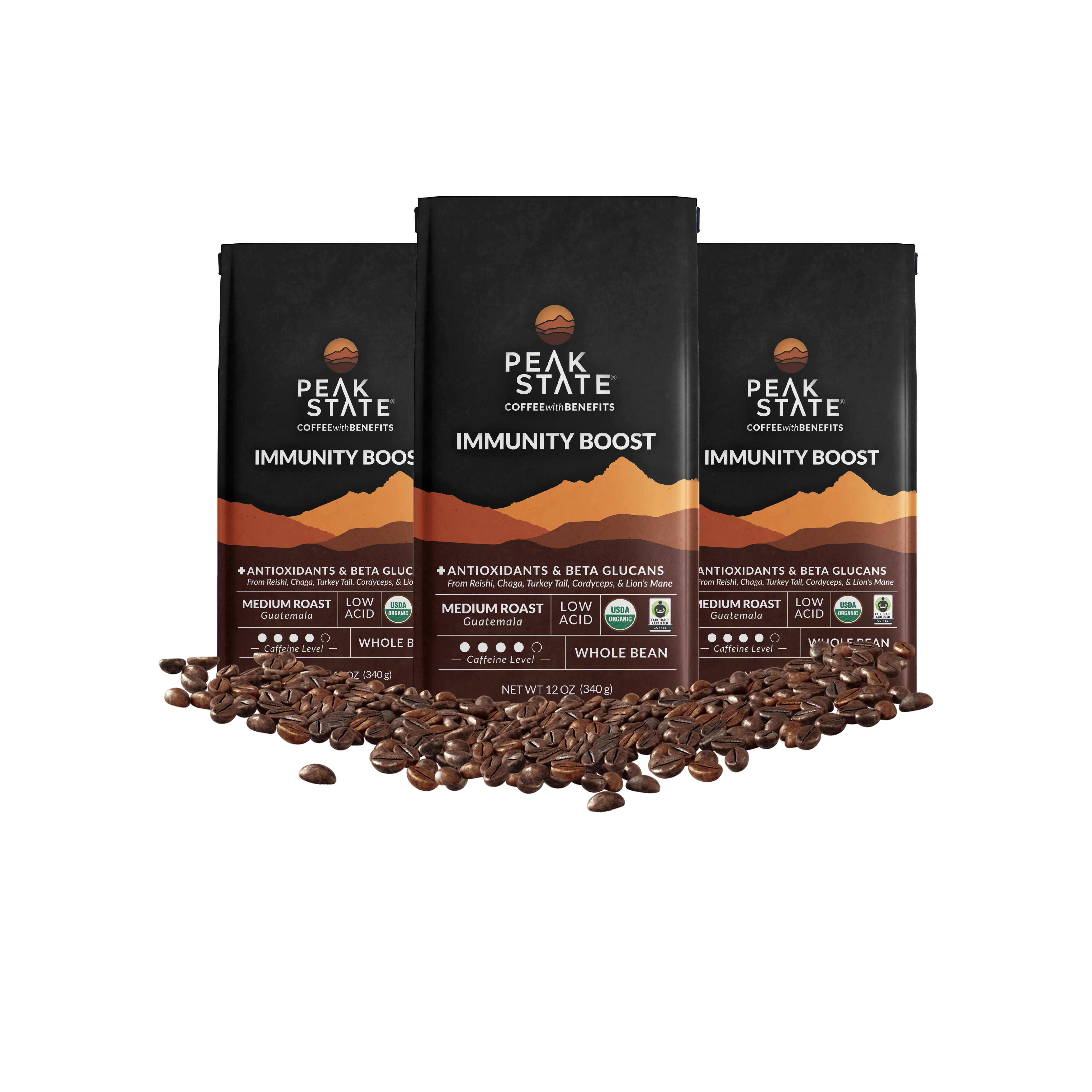 Peak State's Immunity Boost coffee blend, 3x 12 oz bags. 