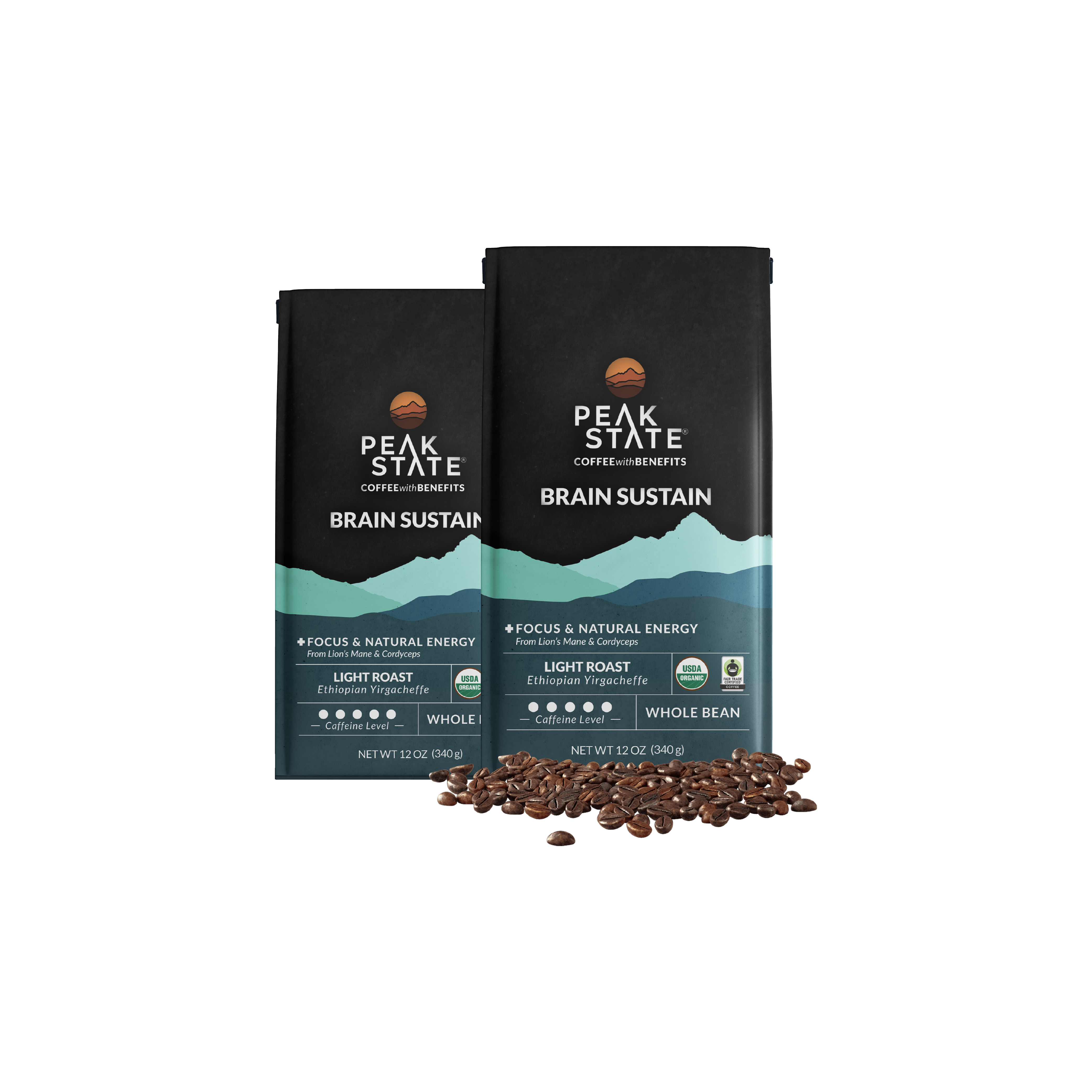 Peak State's Brain Sustain coffee blend, 2x 12 oz bags. 