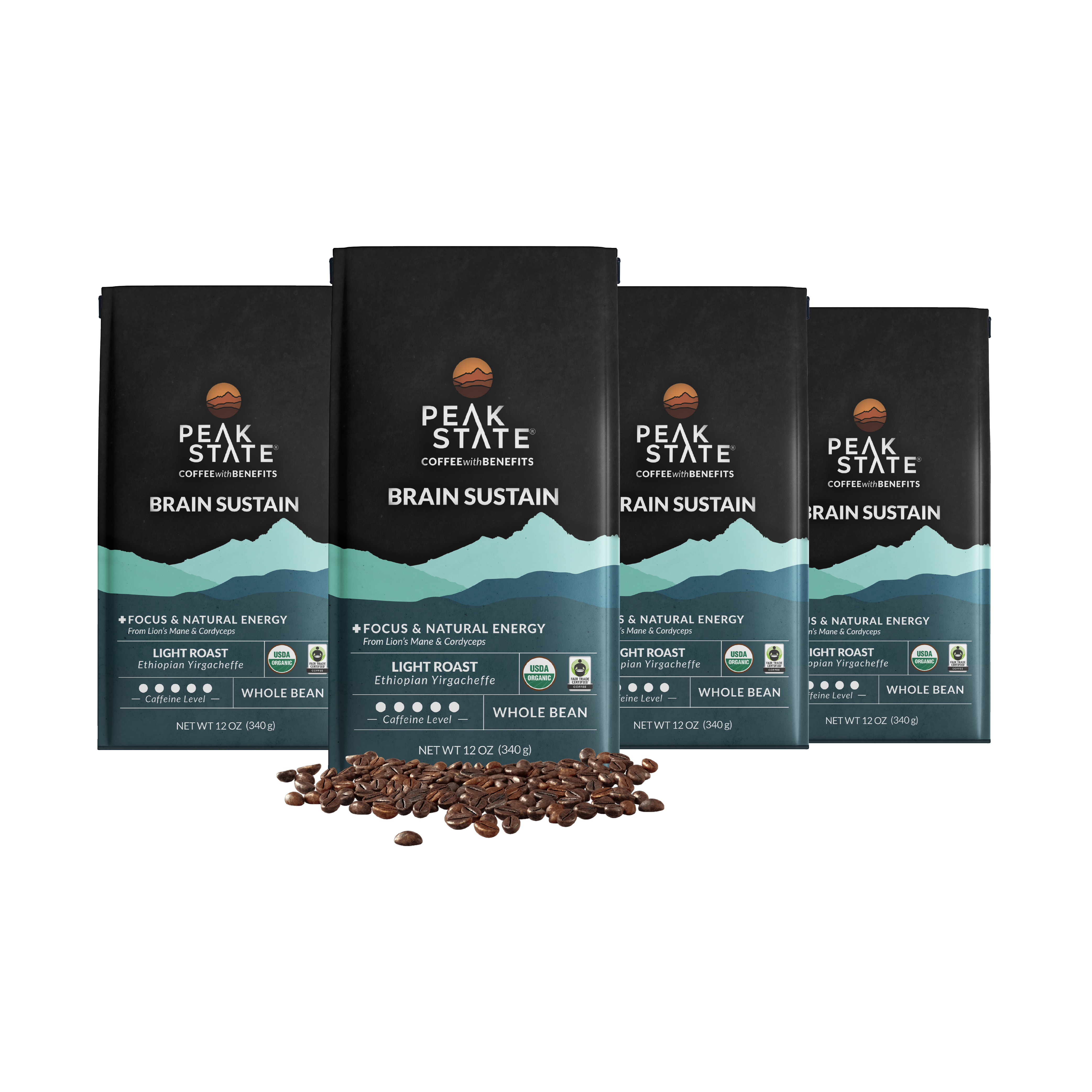Peak State's Brain Sustain coffee blend, 4x 12 oz bags. 