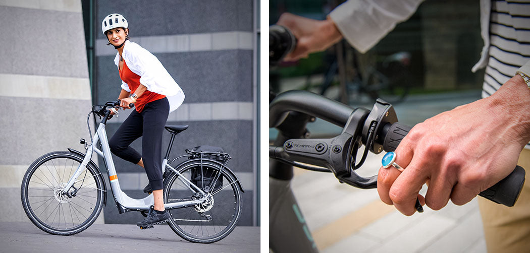 Electric step-through bike assist with short reach brakes