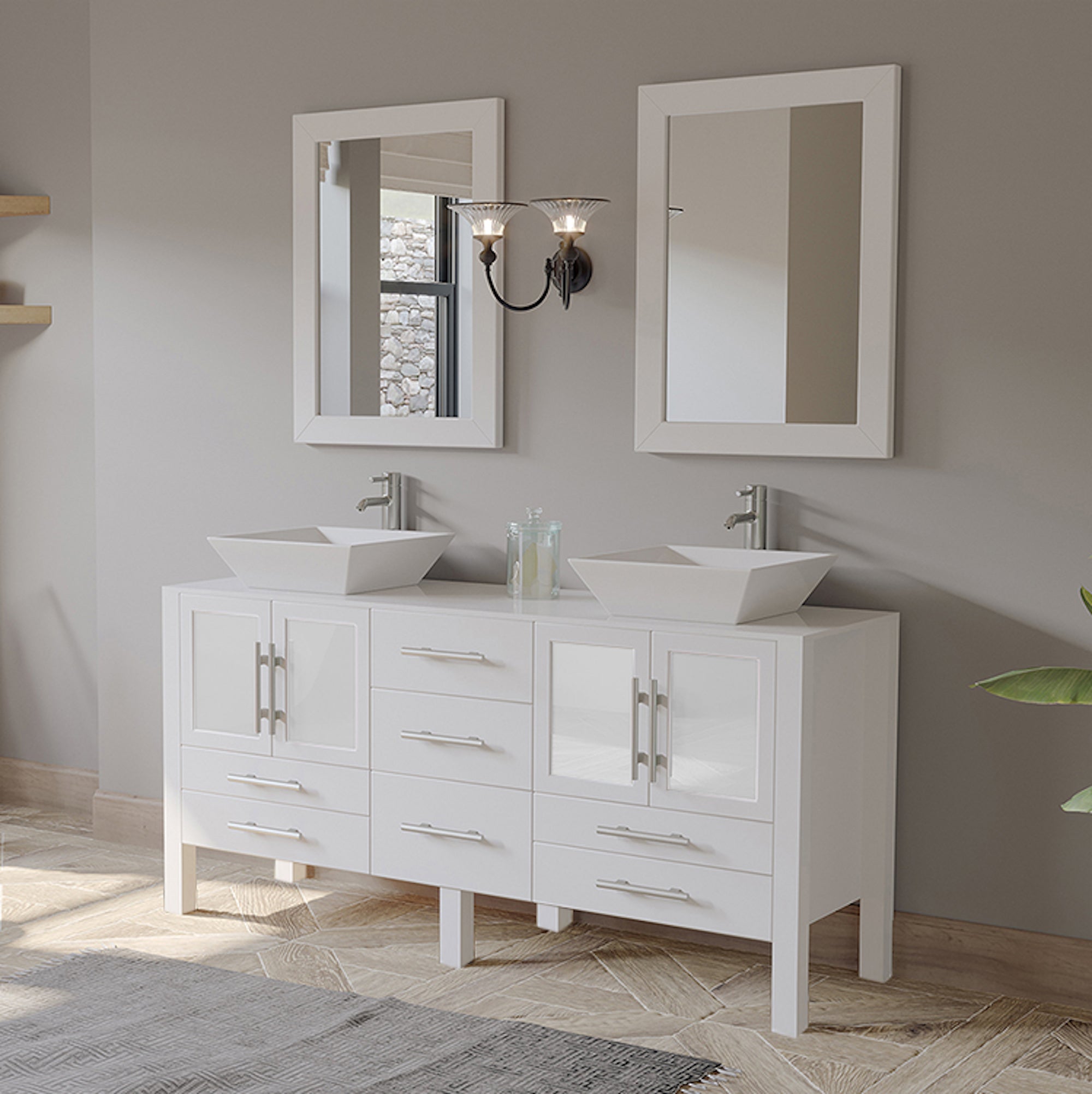 71 Inch Double Vanity Set With Solid White Wood And A White Porcelain Fab Faucets