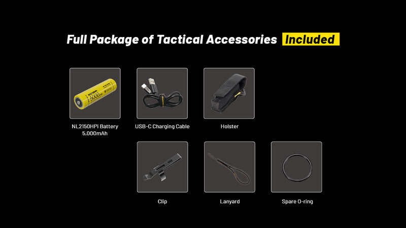Nitecore P23i i-Generation Long Range 21700 Tactical Flashlight with full tactical accessories.