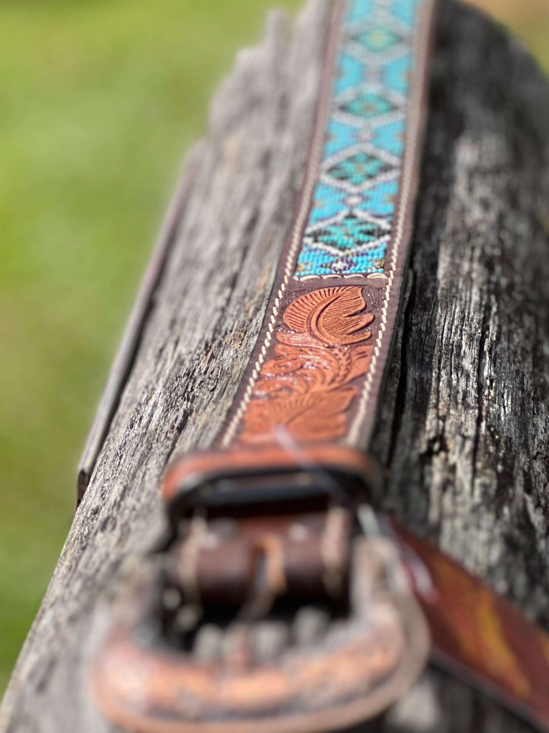 Picture of Handcarved Beaded Belt - Turquoise Diamond 40"