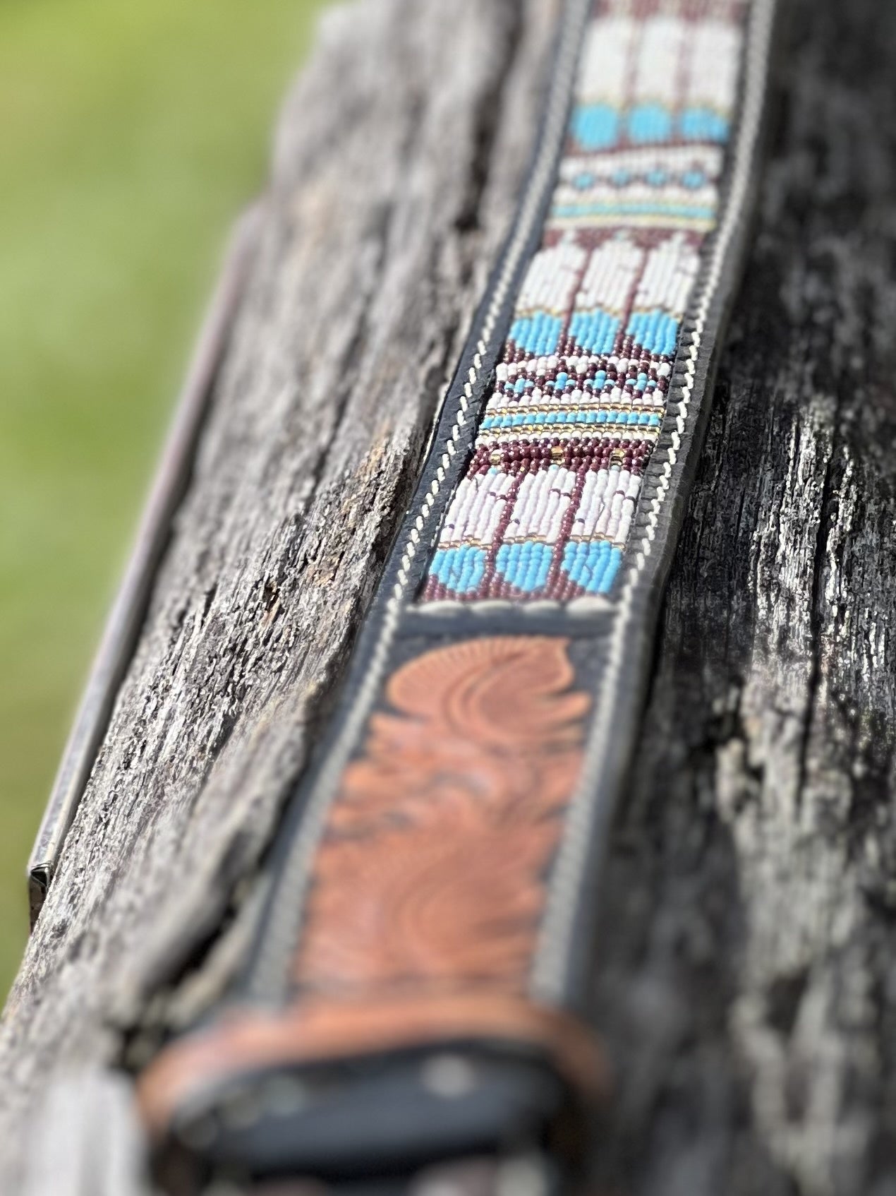 Picture of Handcarved Beaded Belt -  Turquoise Feathers 38"
