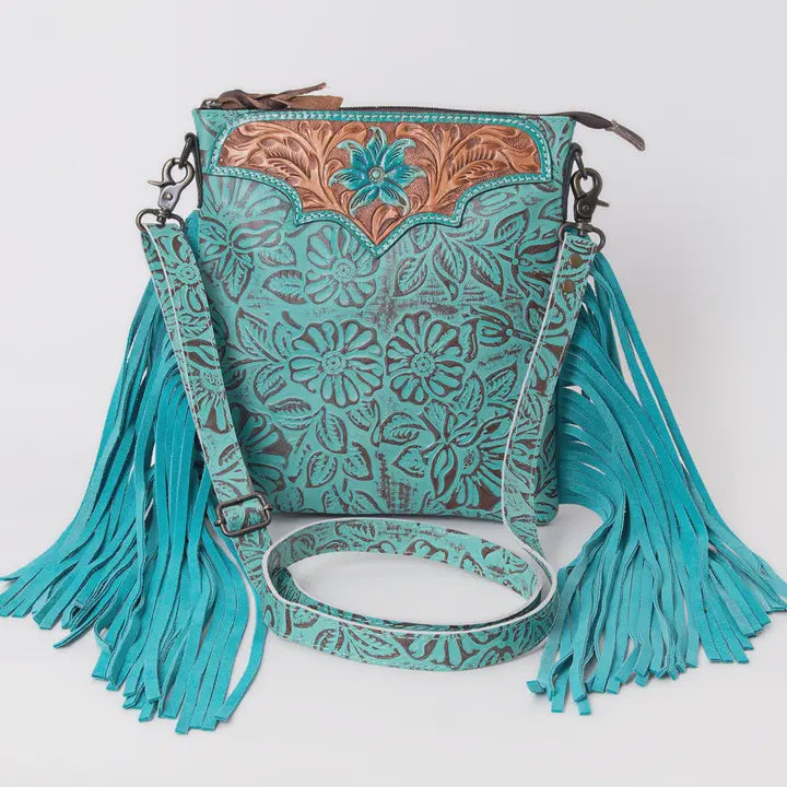 Picture of Hand Tooled Turquoise Fringed Cross Body Bag