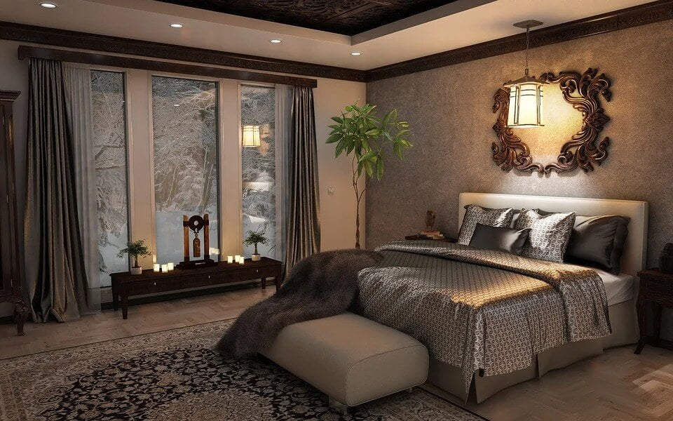 cozy winter bedroom with snow outside