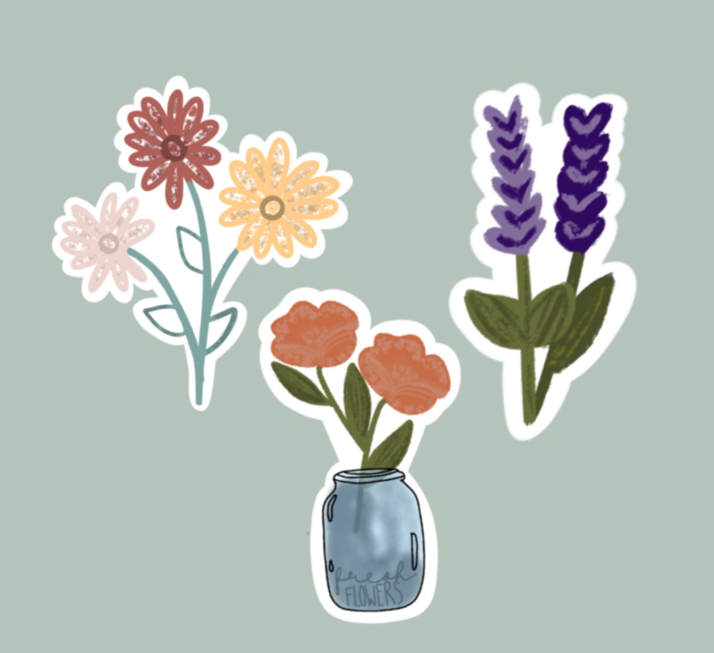 Fresh Flowers Sticker Pack - Mason Jar Orange Flower + Lavender + Pink, Red, Yellow Flower Bunch