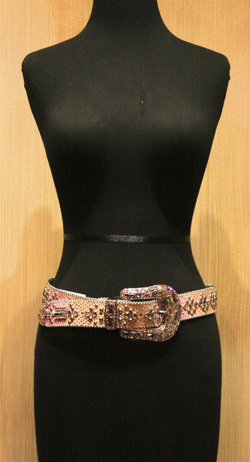 Final Sale Plus Size Snake Print Belt with Gold Buckle in Pink