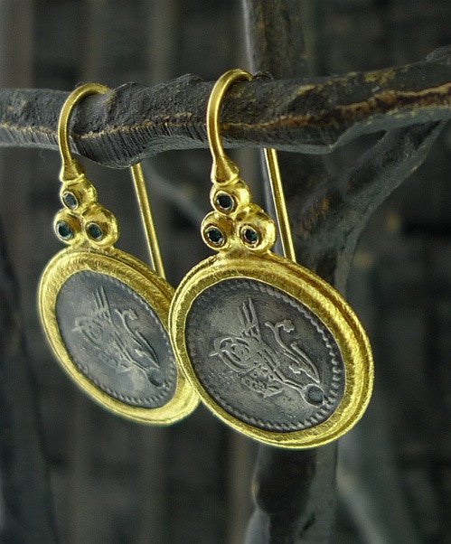 ARA 24K Collection Coin Earrings with Teal Colored Diamonds in Pure Gold