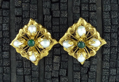 Robert Goossens Pearl and Green Stone Clip Earrings in 24K Yellow