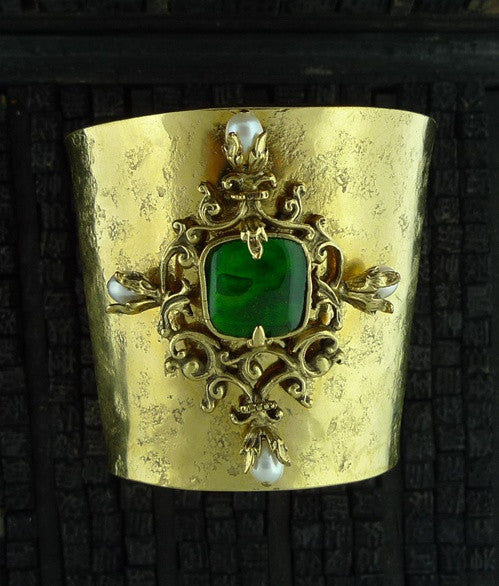 Robert Goossens Wide Gold Vermeil Cuff with Green Stones and