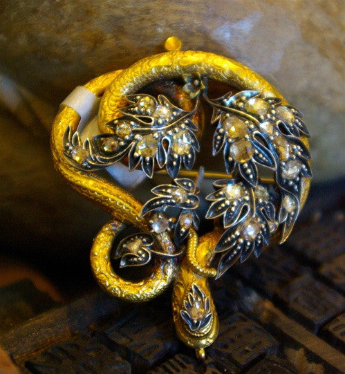 Georgian Serpent Brooch in 18K Yellow Gold with Blackened Diamonds