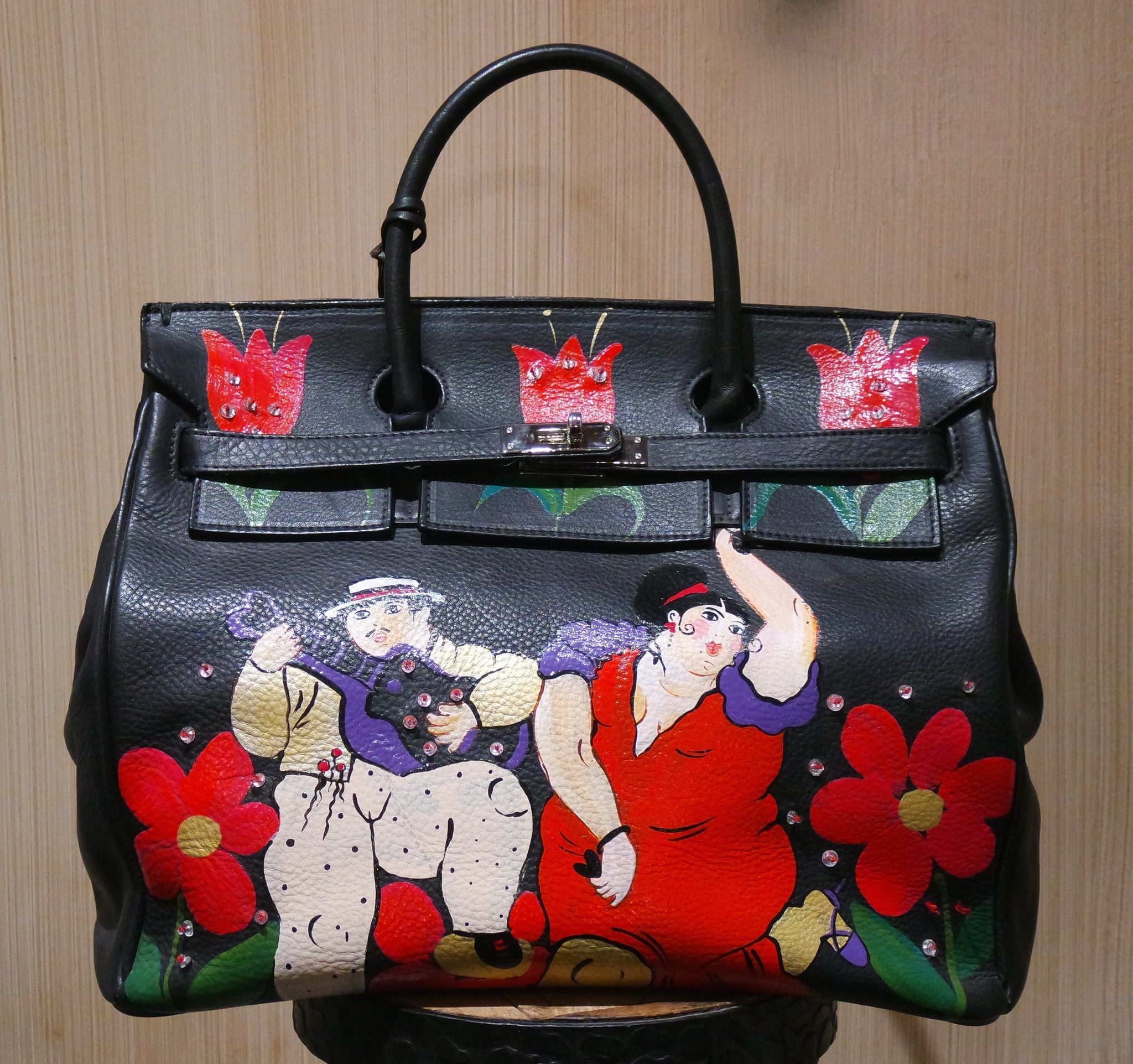 Hand Painted Suarez Botero Birkin Style Hand Bag with Couple Dancing