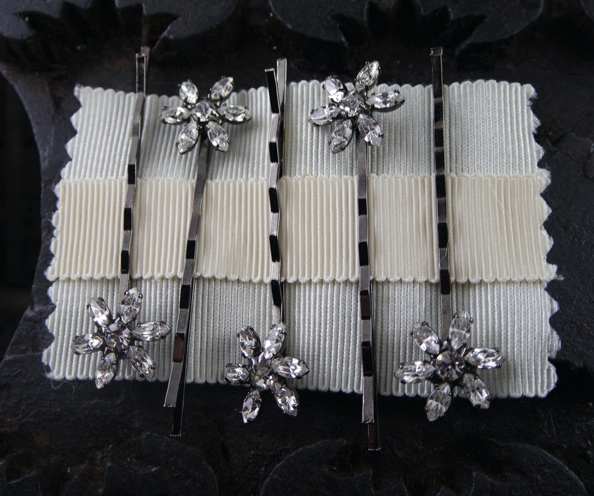 Jennifer Behr Set of Five Blossom Crystal Bobby Pins in Gunmetal