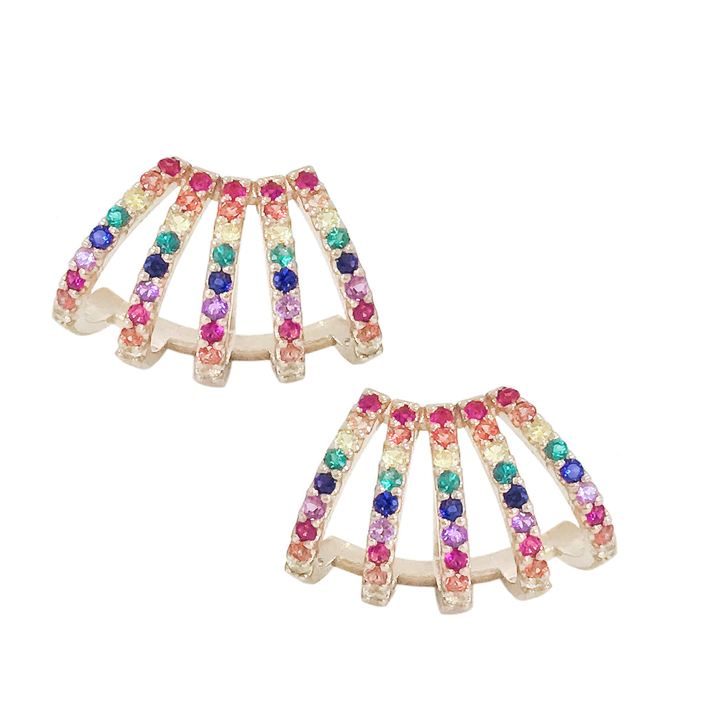 14K Gold Pavé Rainbow Gemstone 5 Row Hoop Stud Earrings – Nana Bijou