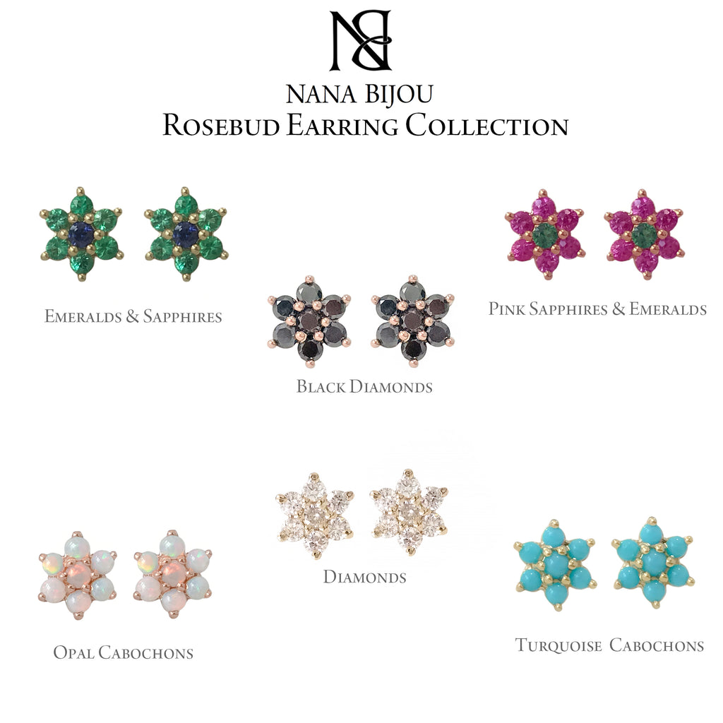 14K Gold Emerald & Sapphire Rosebud Flower Stud Earrings – Nana Bijou