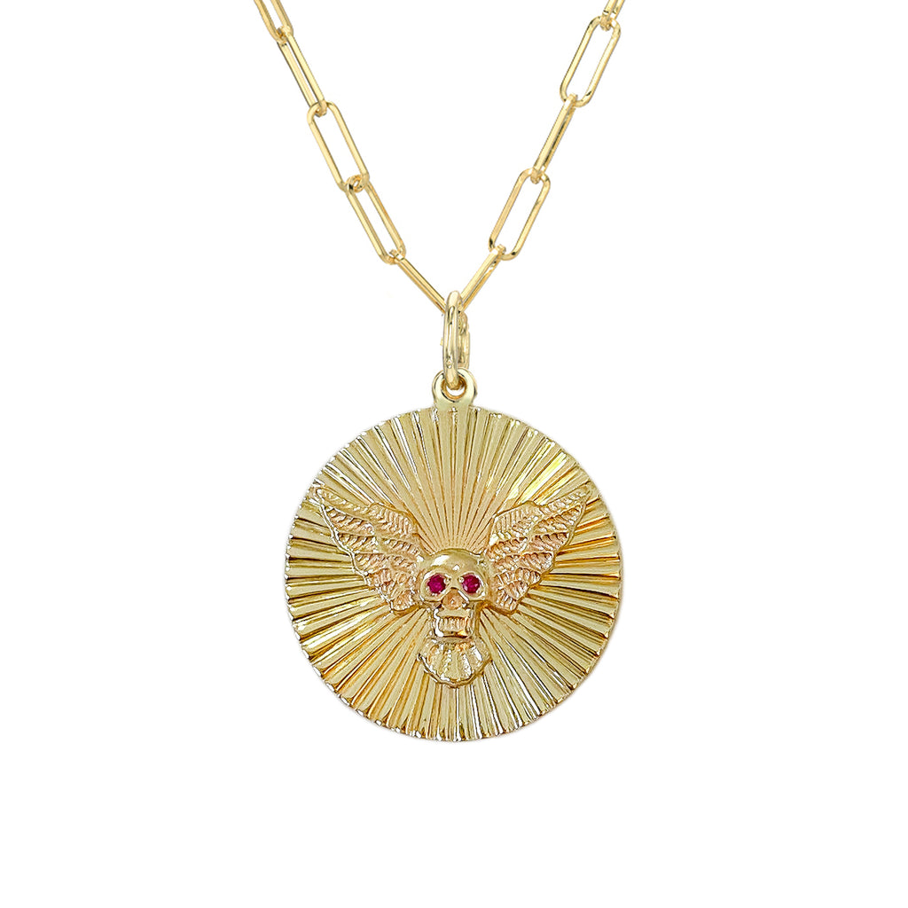 14K Gold Ruby Flying Skull Fluted Medallion Necklace – Nana Bijou