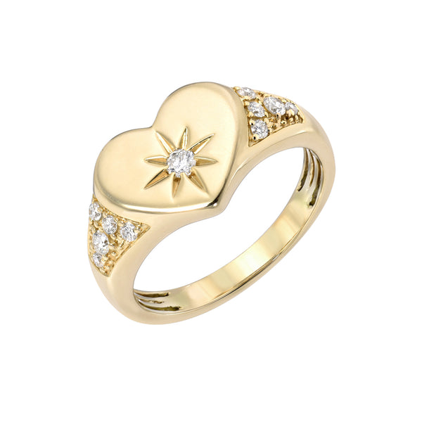 14K Gold Star Set Diamond Pavé Heart Signet Ring, LIMITED EDITION ~ In ...