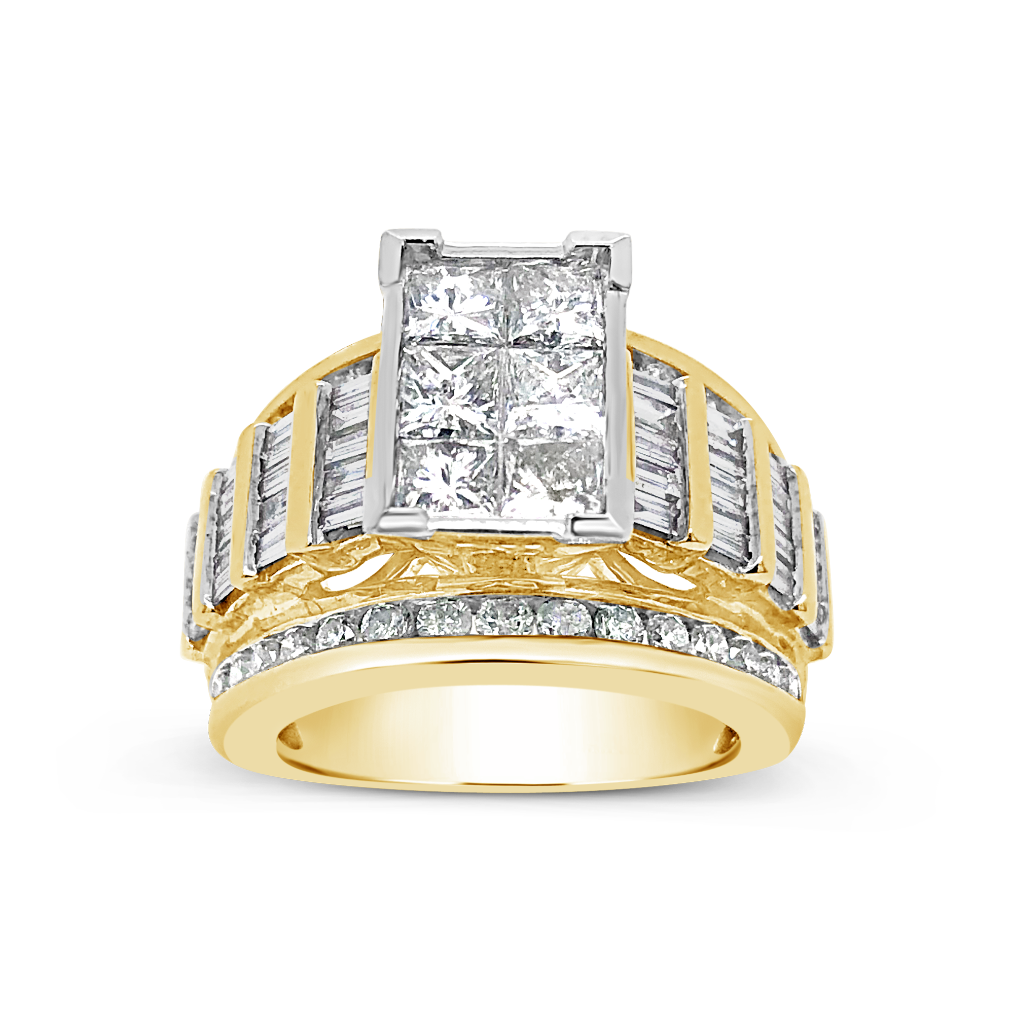 Diamond Ring 3 CTW Princess Cut w/ Baguettes & Round Cut 14K Yellow Go