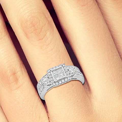Diamond Engagment Ring 1 CTW Princess Cut w/ Round Cut 14K White Gold Bridal Set