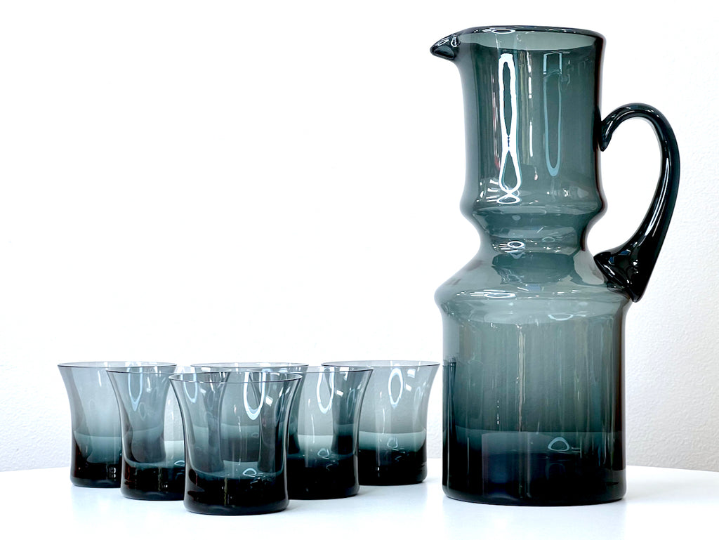 Vintage Dark Green Cocktail Pitcher, Stirrer & Glasses Set