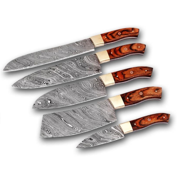 Damascus Chef & Kitchen Knife Set of 4 Olive wood handle