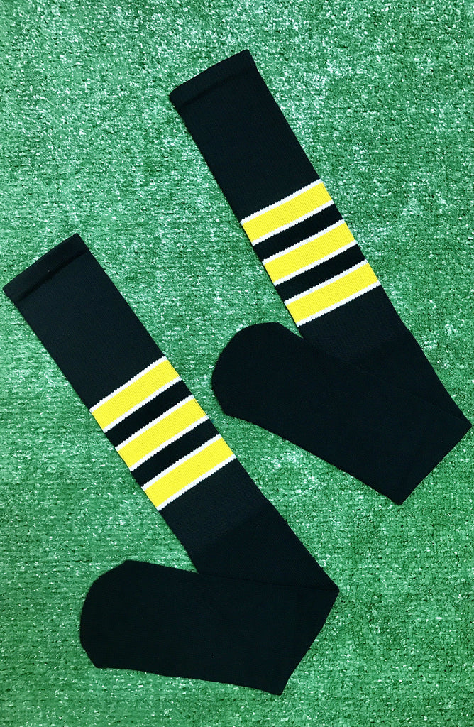 Baseball Full Length Black Sock with Three Gold Stripes with White Tri ...