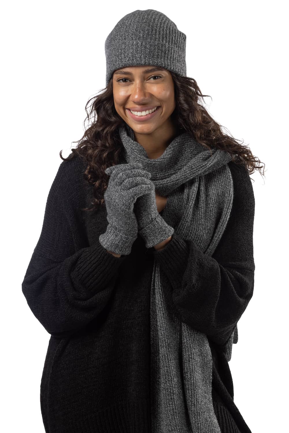 Women's 3pc 100% Cashmere Ribbed Beanie, Glove & Scarf Set with Gift B