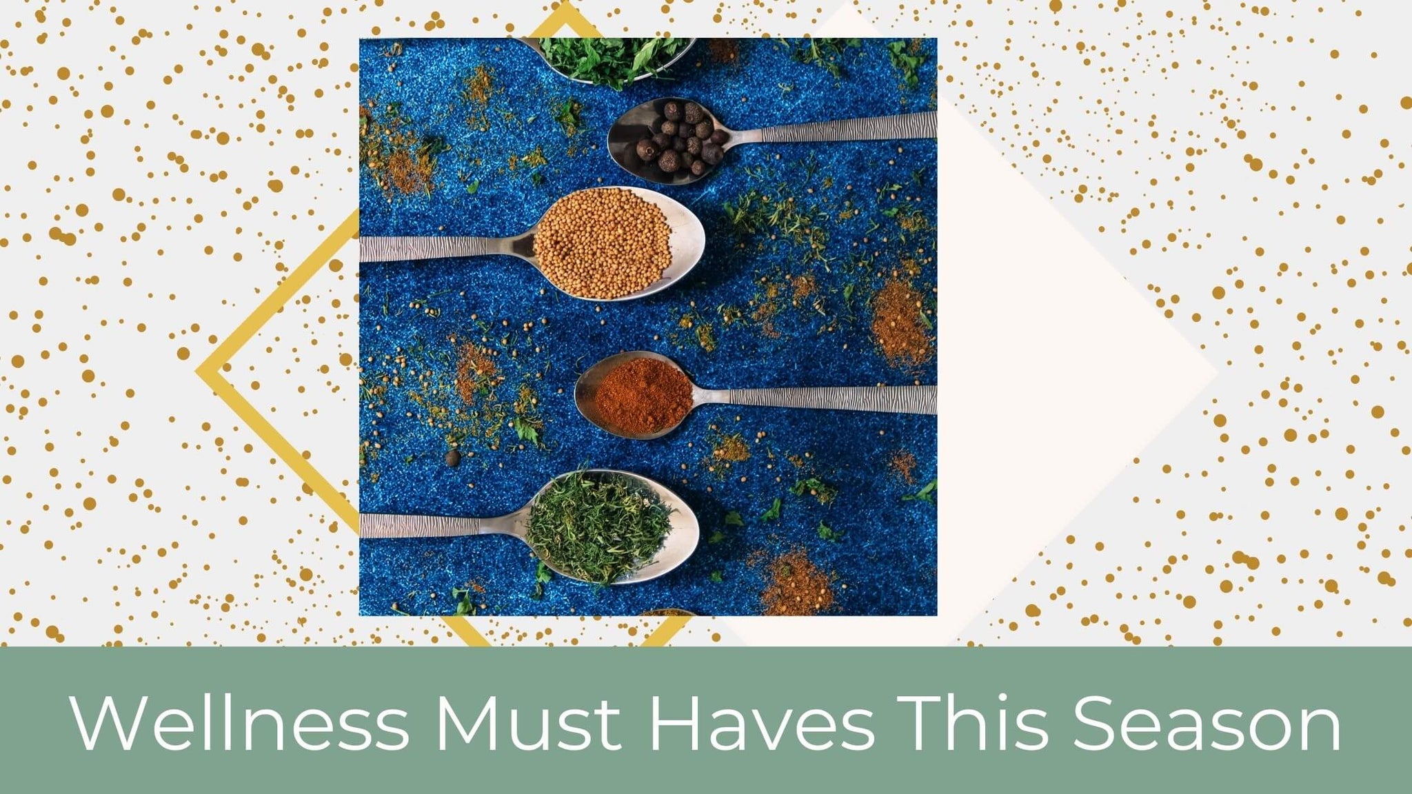 Pictured are spoons of spices on a blue backdrop.