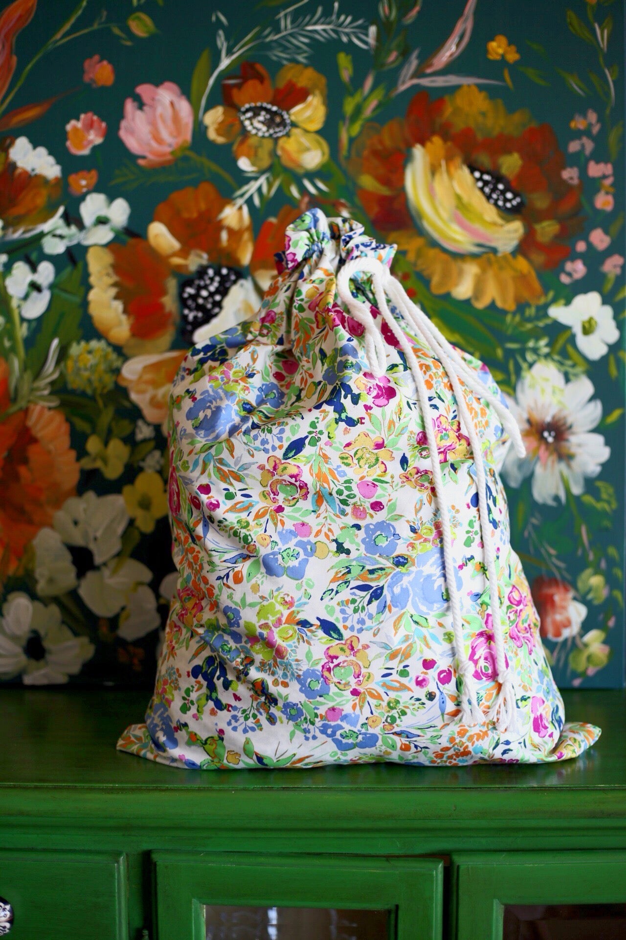 Lined Drawstring bag by Bari J. in Indigo and Aster Fabrics for Art Gallery Fabrics laundry bag