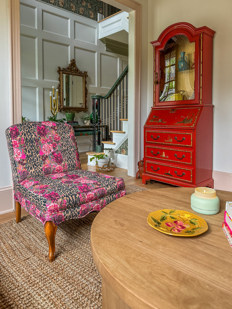 bari j maximalist living room red secretary desk vintage chair