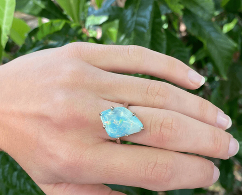 Australian boulder rainbow opal ring