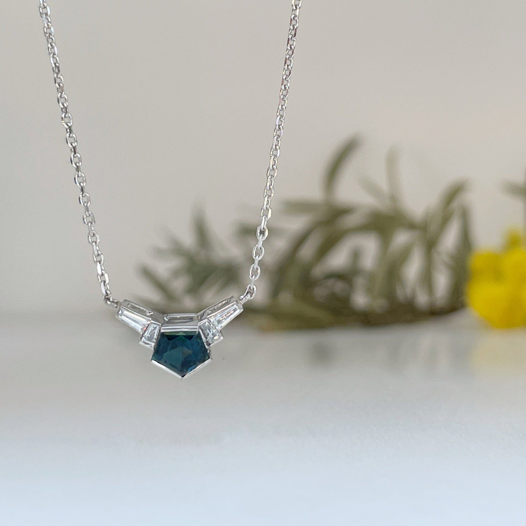 Australian Teal Sapphire and Diamond Pendant Necklace | Platinum