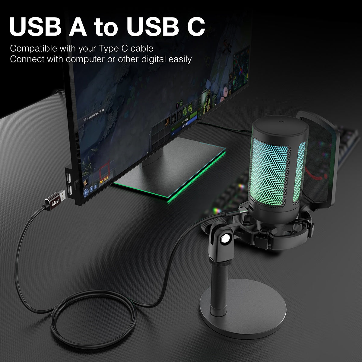 FIFINE A6 RGB USB Condenser Microphone with Mute Button & Gain Control, for Gaming, Streaming, Podcasting
