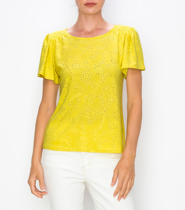 Pastel Yellow Flutter Sleeve Knit Eyelet Top · Filly Flair