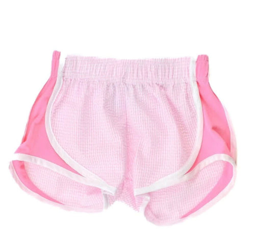 Girl's Athletic Shorts - Pastel Rainbow with Blue Sides - mommie chic & me