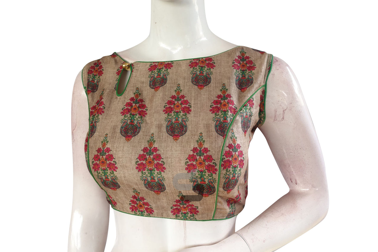 Beige Color Printed Silk Boat Neck Readymade Saree Blouse – d3blouses