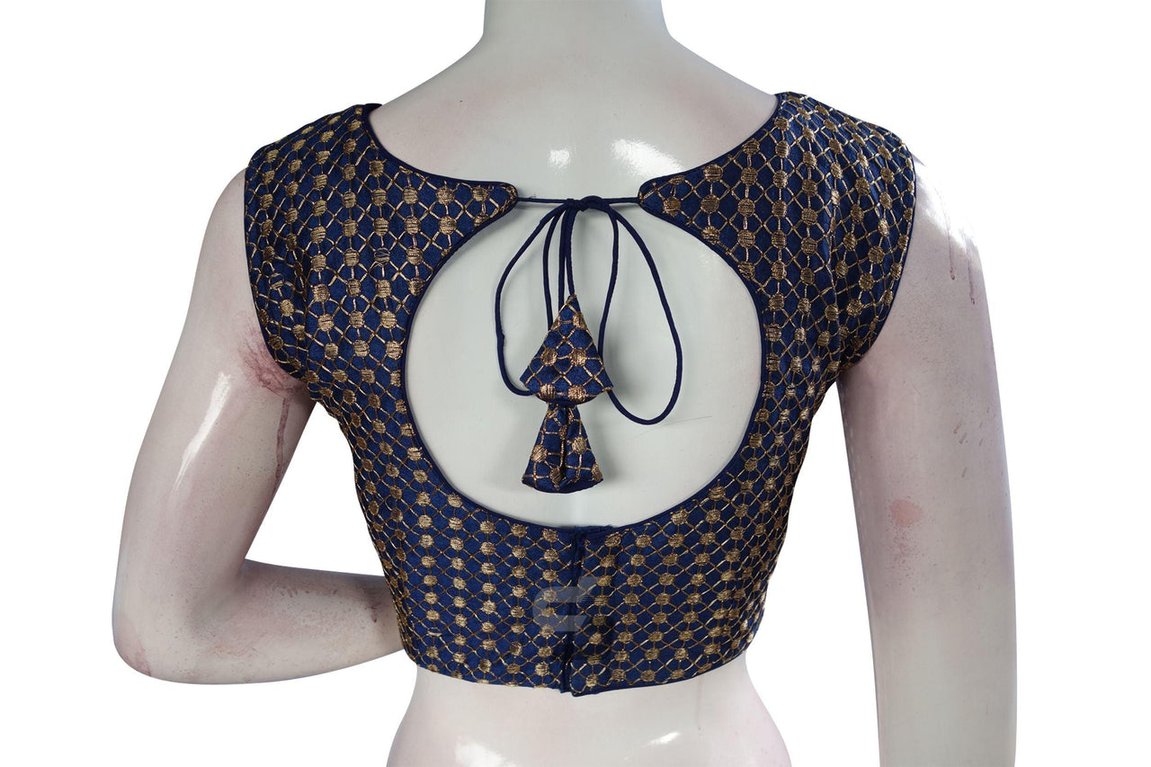 Navy Blue Color Semi Silk Embroidery Boat Neck Readymade Blouse ...