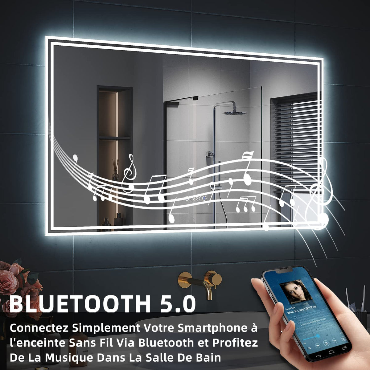 SIRHONA Miroir LED Salle de Bain Bluetooth 120x70cm Miroir Lumineux Salle de Bain avec Eclairage Intégré, Anti-buée, Affichage de L'heure et Température