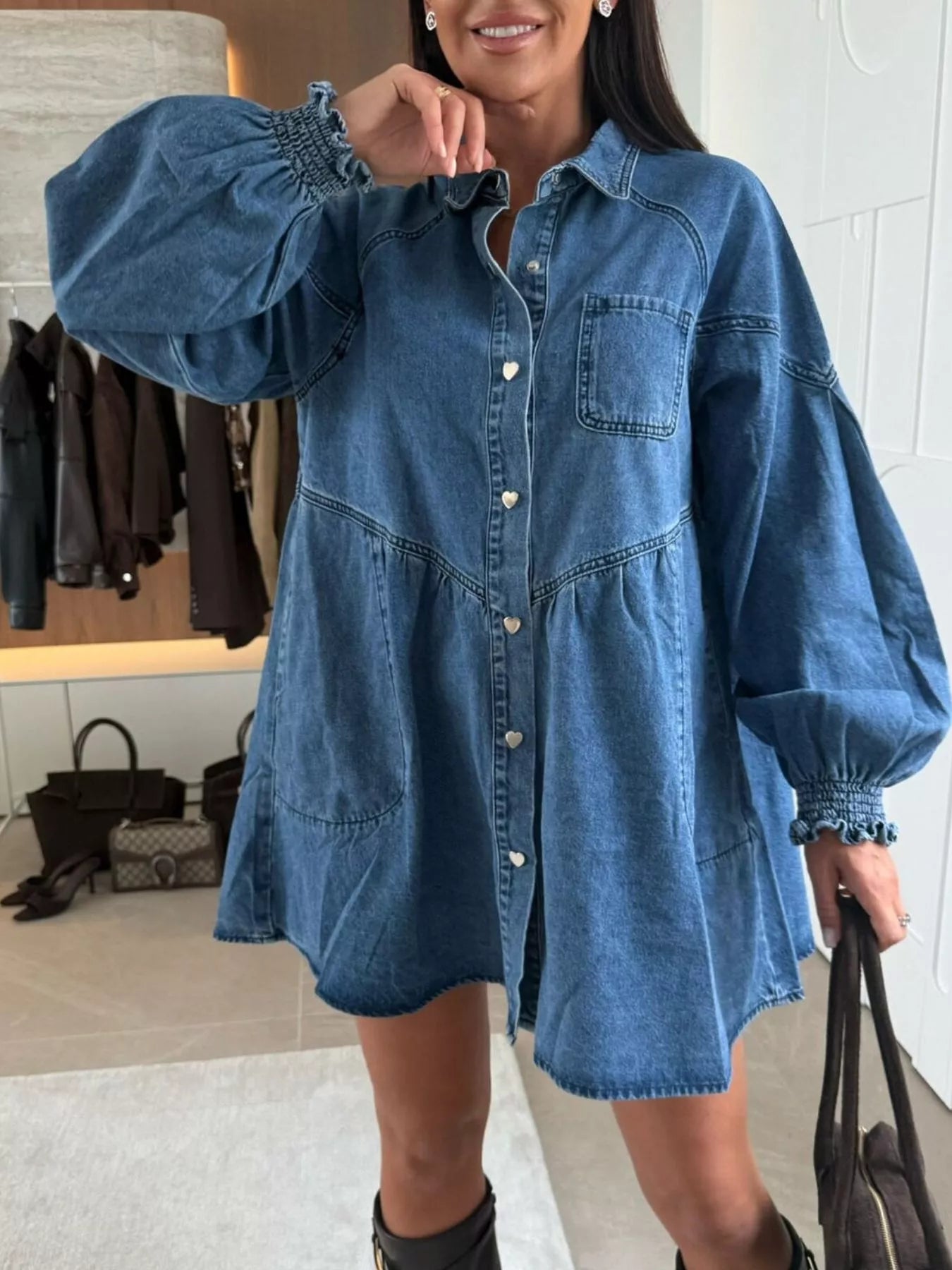 Button Down Mini Denim Dress with Front Pockets