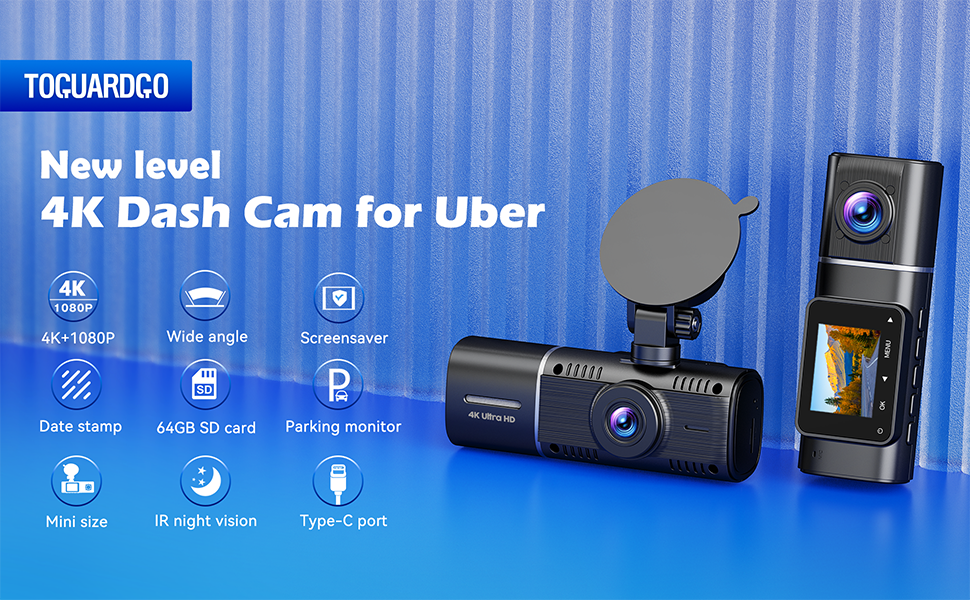 Toguard DC17 4K Dual Dash Camera, Front and Rear Dash Cam with 64GB SD Card, Infrared Night Vision and Loop Recording