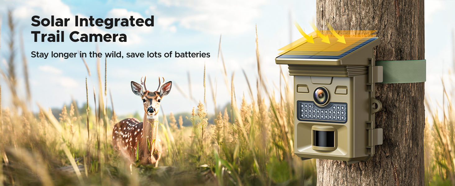1080P 32MP Trail Cameras Solar Powered Game Camera with Night Vision Motion Activated IP66 Waterproof Loop Recording for Wildlife Monitoring