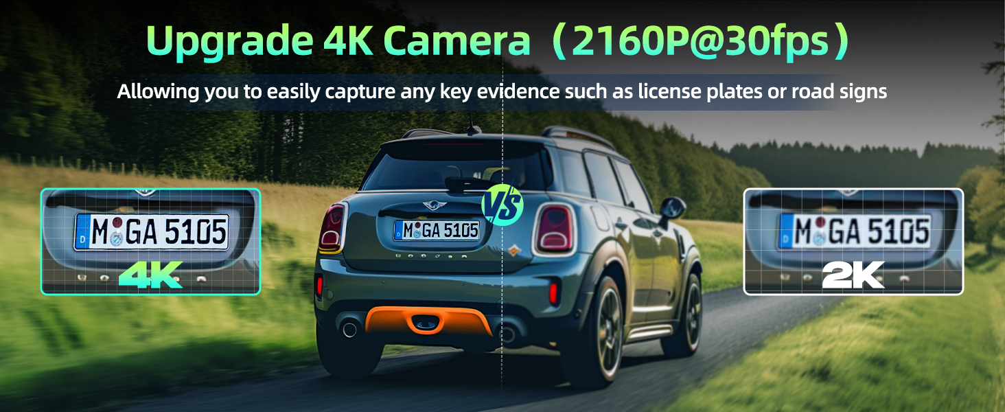 2160P Dash Cam Car Front Rear 4K + 4K Dual Car Camera with 128GB SD Car and 3.16 Inch IPS Screen, Wide Angle, Parking Monitor