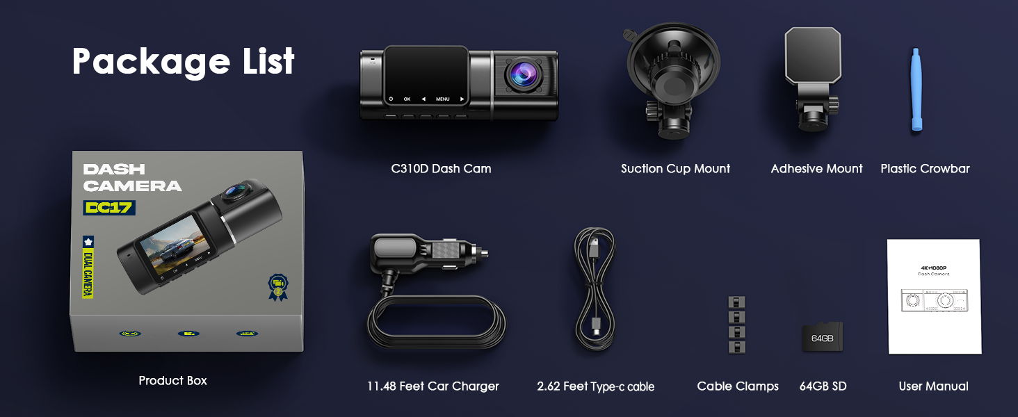 4K Dual Dash Camera, Front and Rear Dash Cam with 64GB SD Card, Infrared Night Vision and Loop Recording