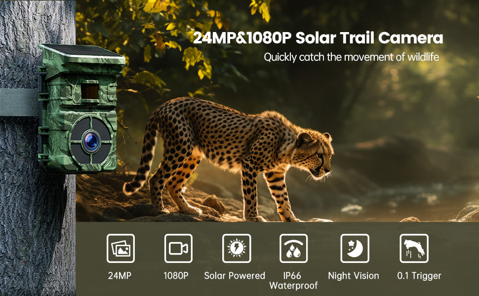 1080P Solar Trail Camera, Game Wildlife Hunting & Trail Cameras with 120° Detection Angle Night Vision Motion Activated