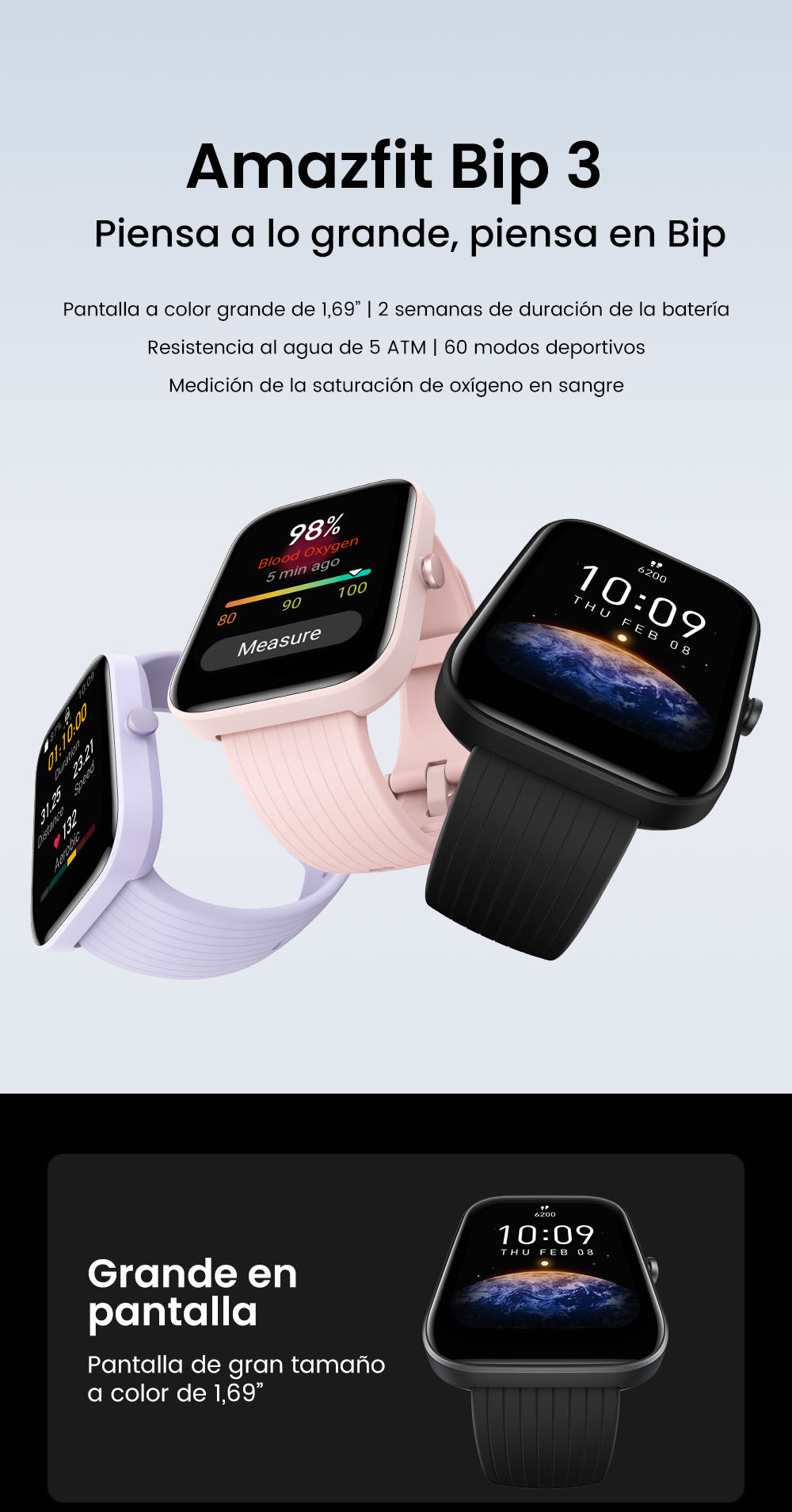 Smartwatch  Amazfit Bip 3, 20 mm, 1.69 TFT, BT 5.0, iOS y Android, 5ATM,  280 mAh, Autonomía 14 días, Azul